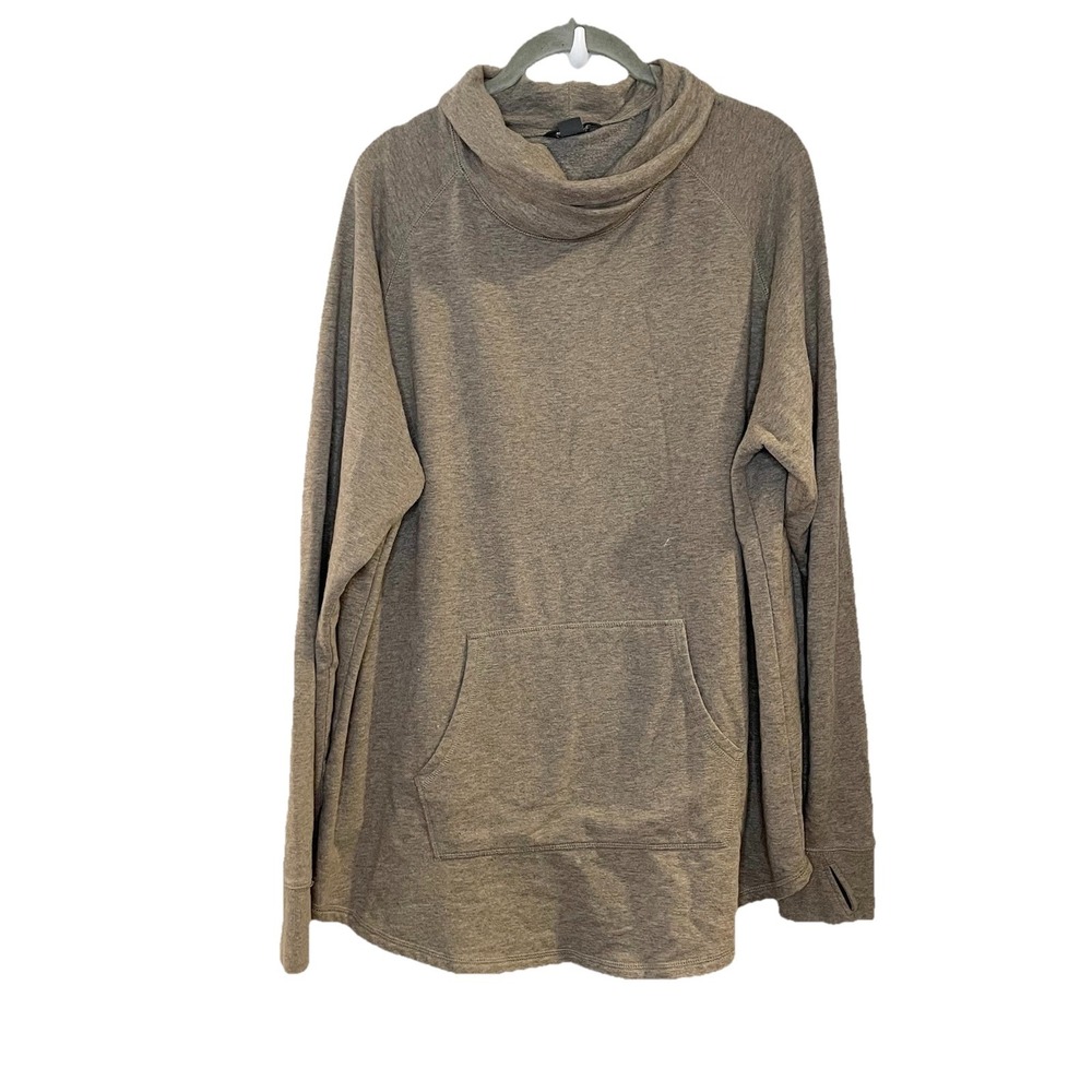 Eddie Bauer Fleece Pullover‎ Cowl Neck Sweatshirt Brown Pocket Thumb Hole L TALL